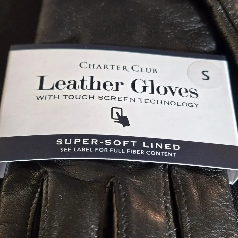 Women's Charter Club Leather Black Gloves Size S Fleece Lined Touch Screen Tech